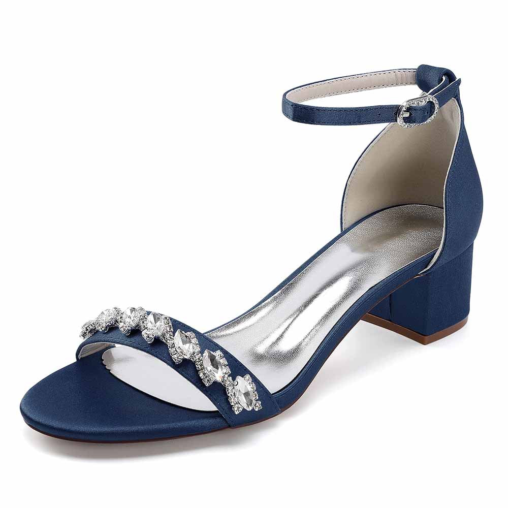 Elegant navy blue low block heel dress sandals for wedding with rhinestone embellishments