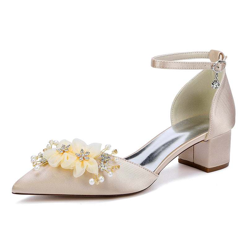 Elegant low block heel wedding shoes women with floral embellishments and ankle strap in champagne color