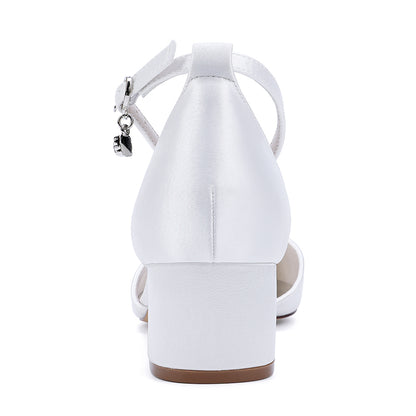 White low block heel wedding shoes women with ankle strap and sleek design for elegant bridal style