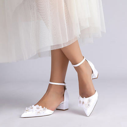 Elegant low block heel wedding shoes women with floral embellishments and ankle strap