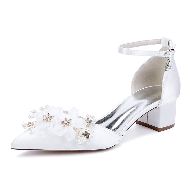 Elegant low block heel wedding shoes women with floral embellishments and ankle strap for a stylish look