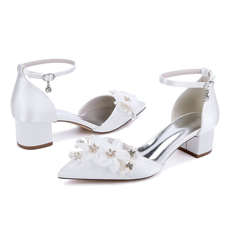 Elegant low block heel wedding shoes women with floral embellishments and ankle strap for stylish brides