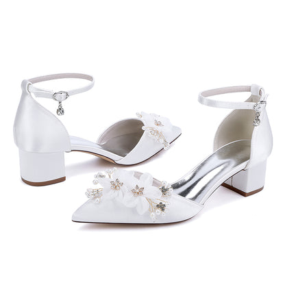 Elegant low block heel wedding shoes women with floral embellishments and ankle strap for stylish brides