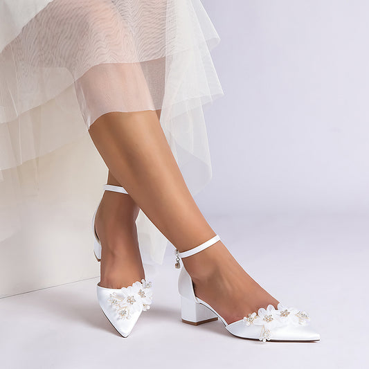 Elegant low block heel wedding shoes women in white satin with floral embellishments