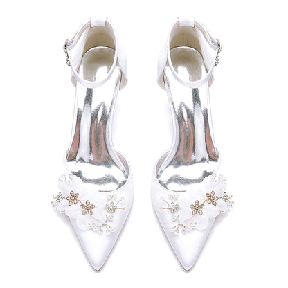 Elegant low block heel wedding shoes women with floral embellishments and ankle strap design