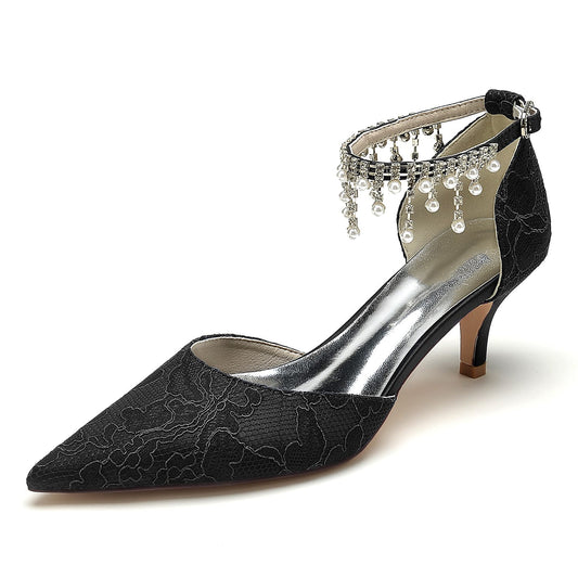 Elegant low heel bridal shoes with ankle strap adorned with decorative beads and a pointed toe design
