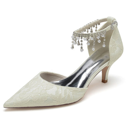 Elegant low heel bridal shoes with ankle strap featuring lace and beaded embellishments