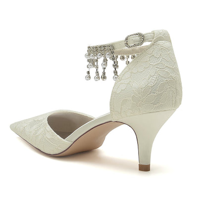 Elegant low heel bridal shoes with ankle strap featuring lace detailing and decorative beads
