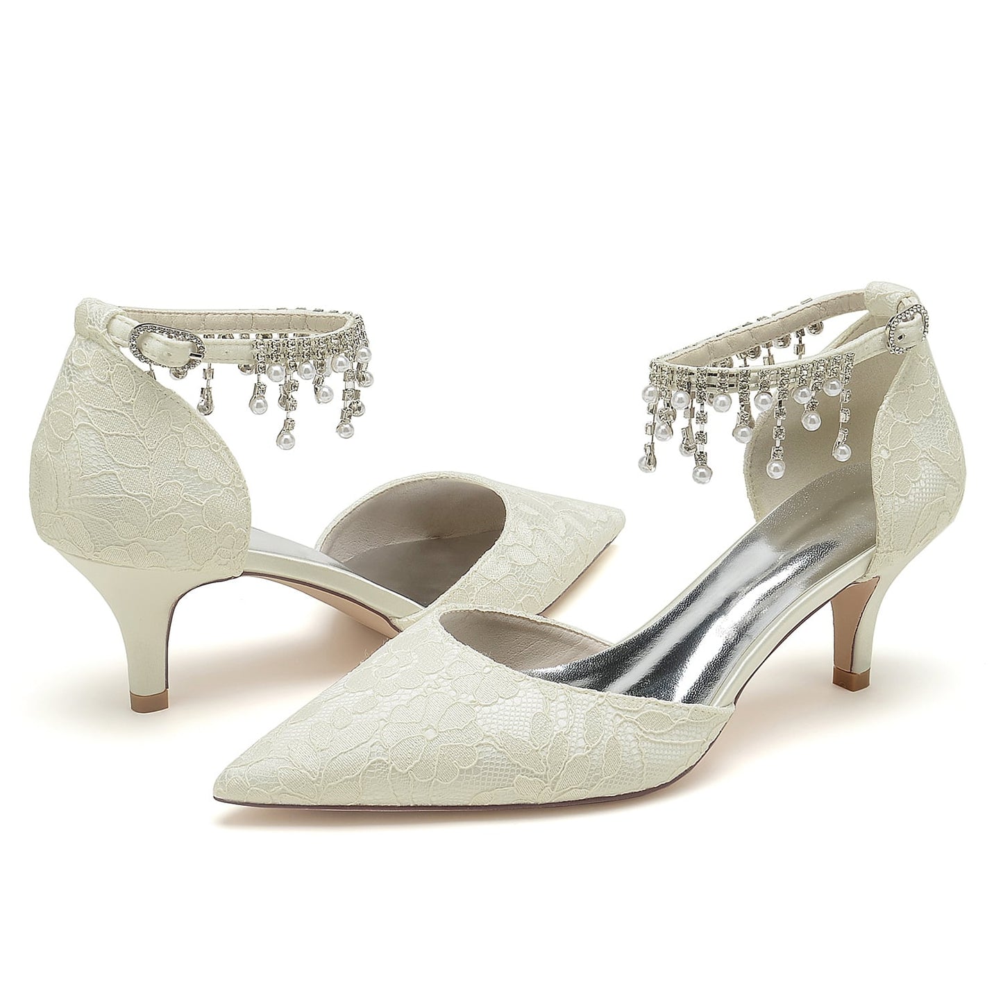 TC low heel bridal shoes with ankle strap featuring elegant lace and beaded details