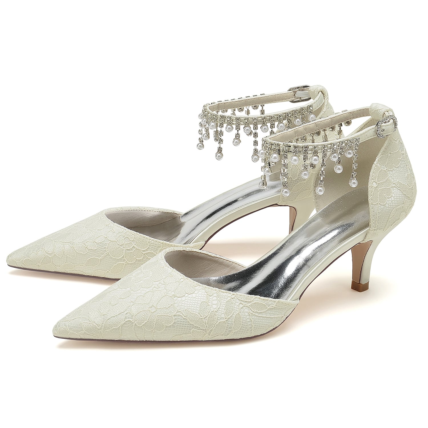 Elegant low heel bridal shoes with ankle strap adorned with shimmering beads for a timeless wedding look