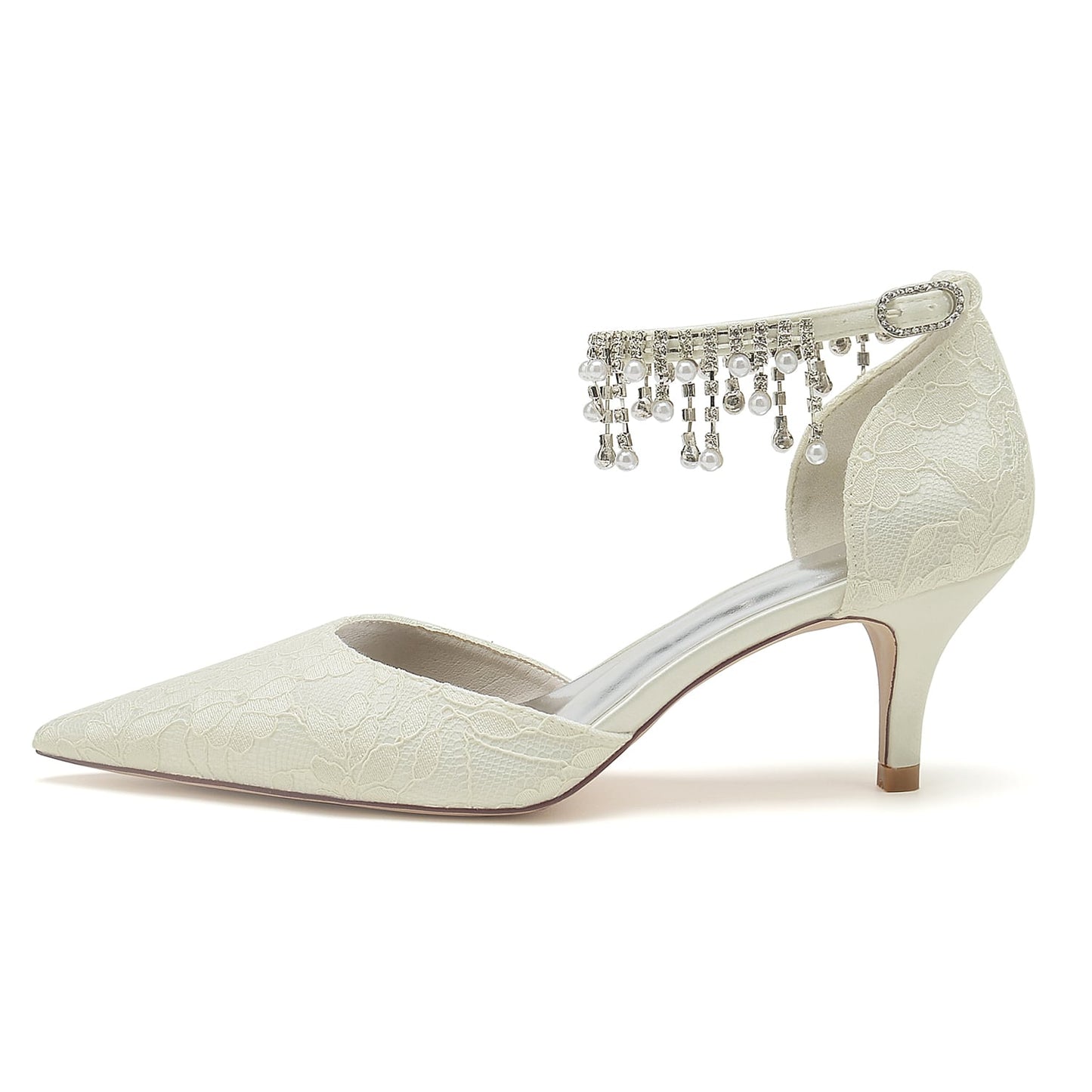 Elegant low heel bridal shoes with ankle strap featuring lace design and delicate beading
