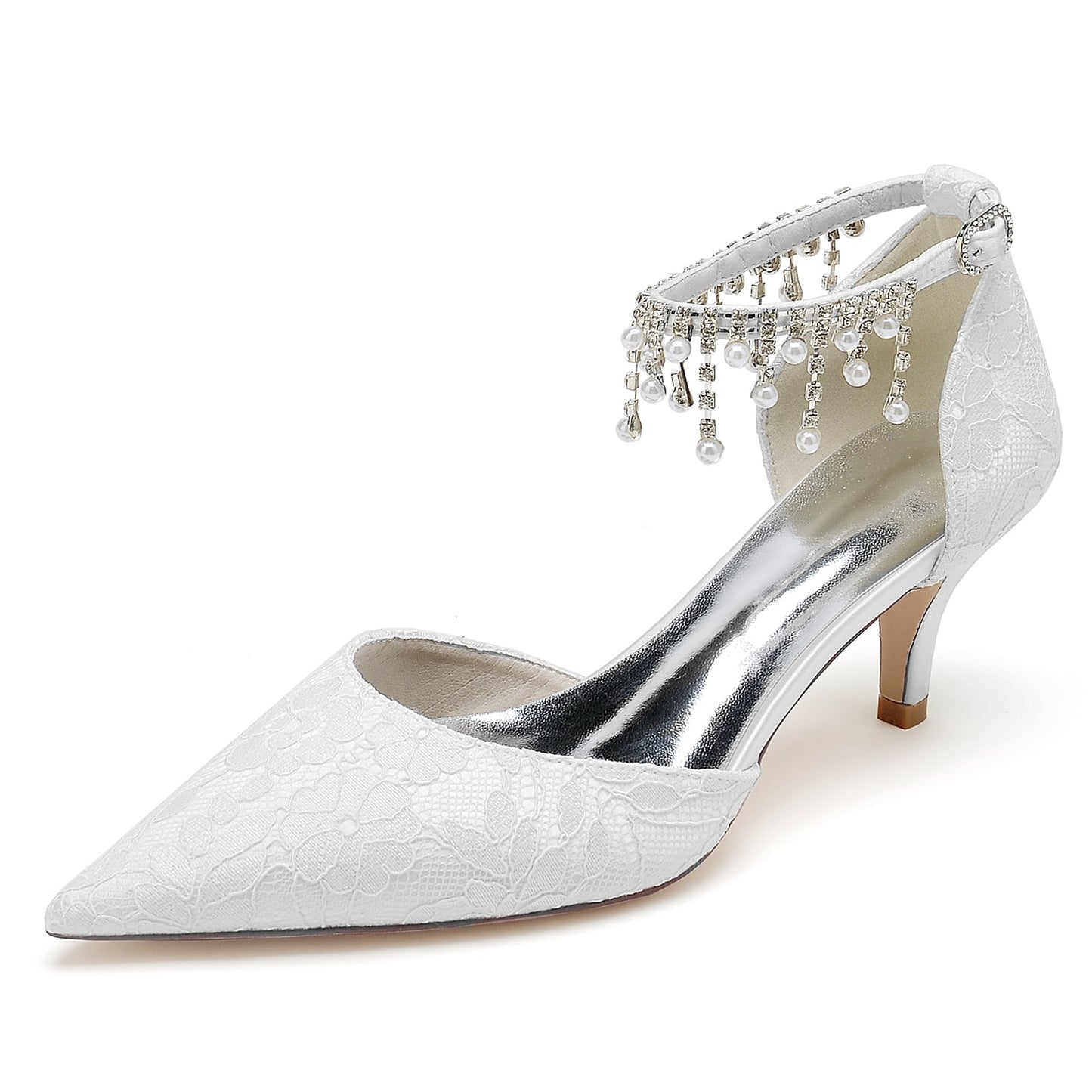 Elegant low heel bridal shoes with ankle strap featuring lace design and decorative crystals