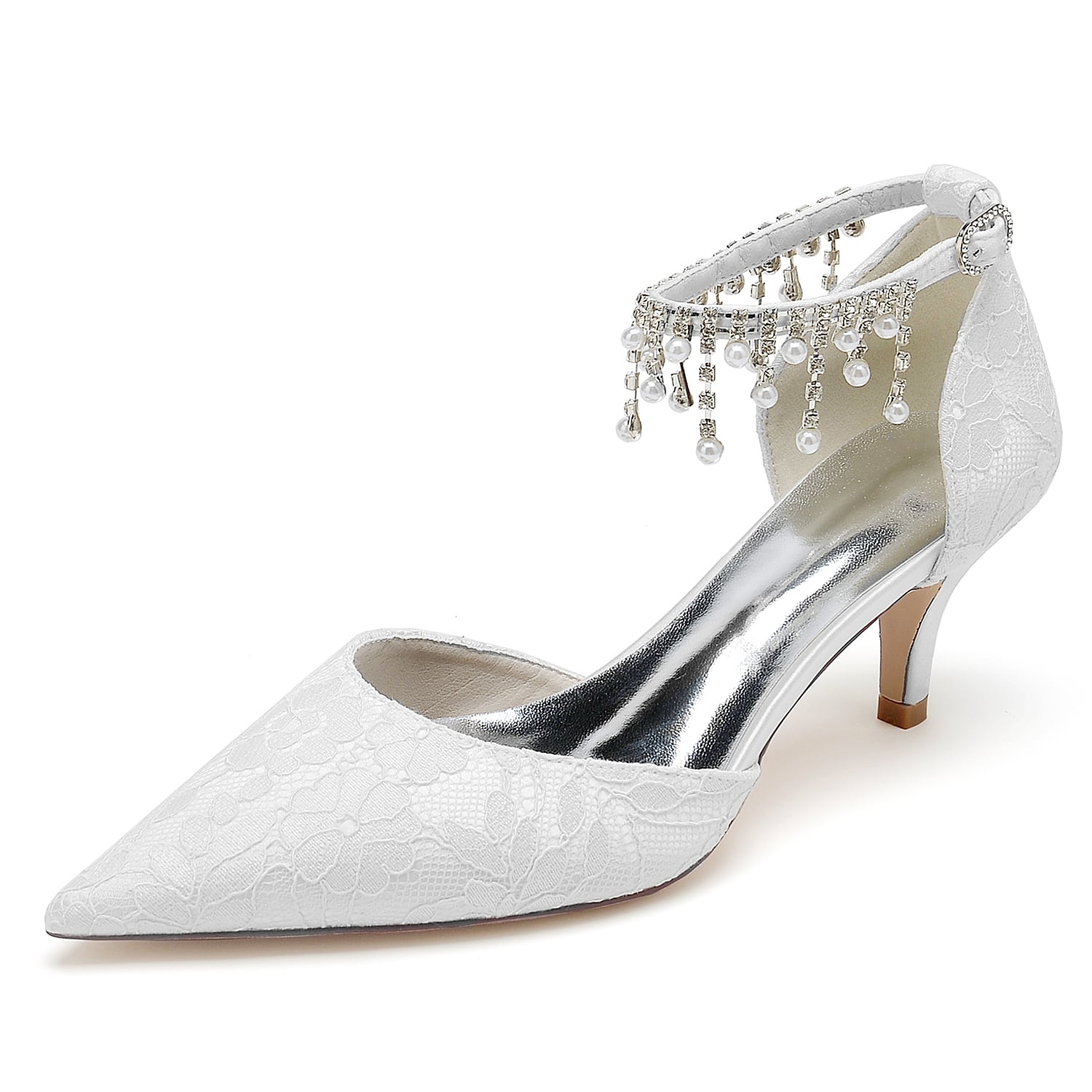 Elegant low heel bridal shoes with ankle strap featuring lace design and decorative crystals