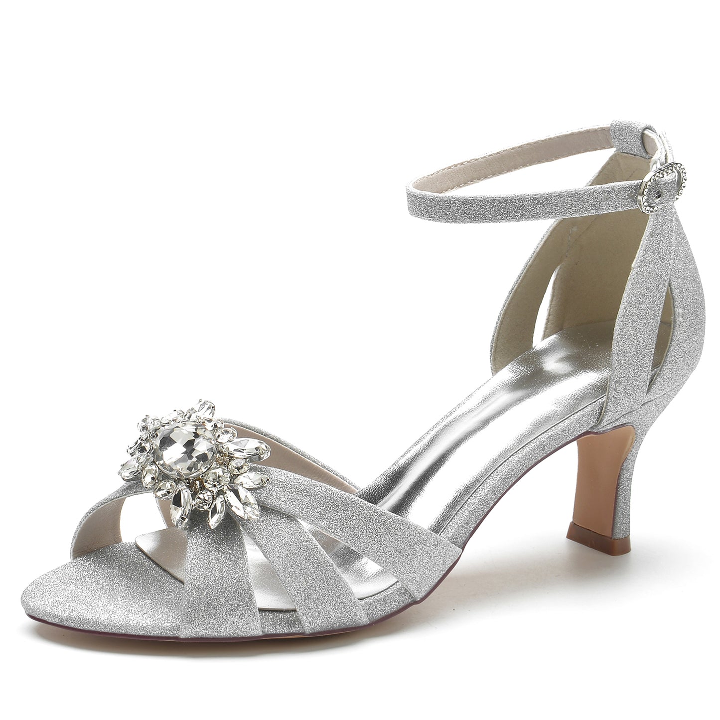 low heel glitter dress shoes for women with decorative rhinestone detail and ankle strap
