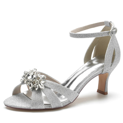 low heel glitter dress shoes for women with decorative rhinestone detail and ankle strap