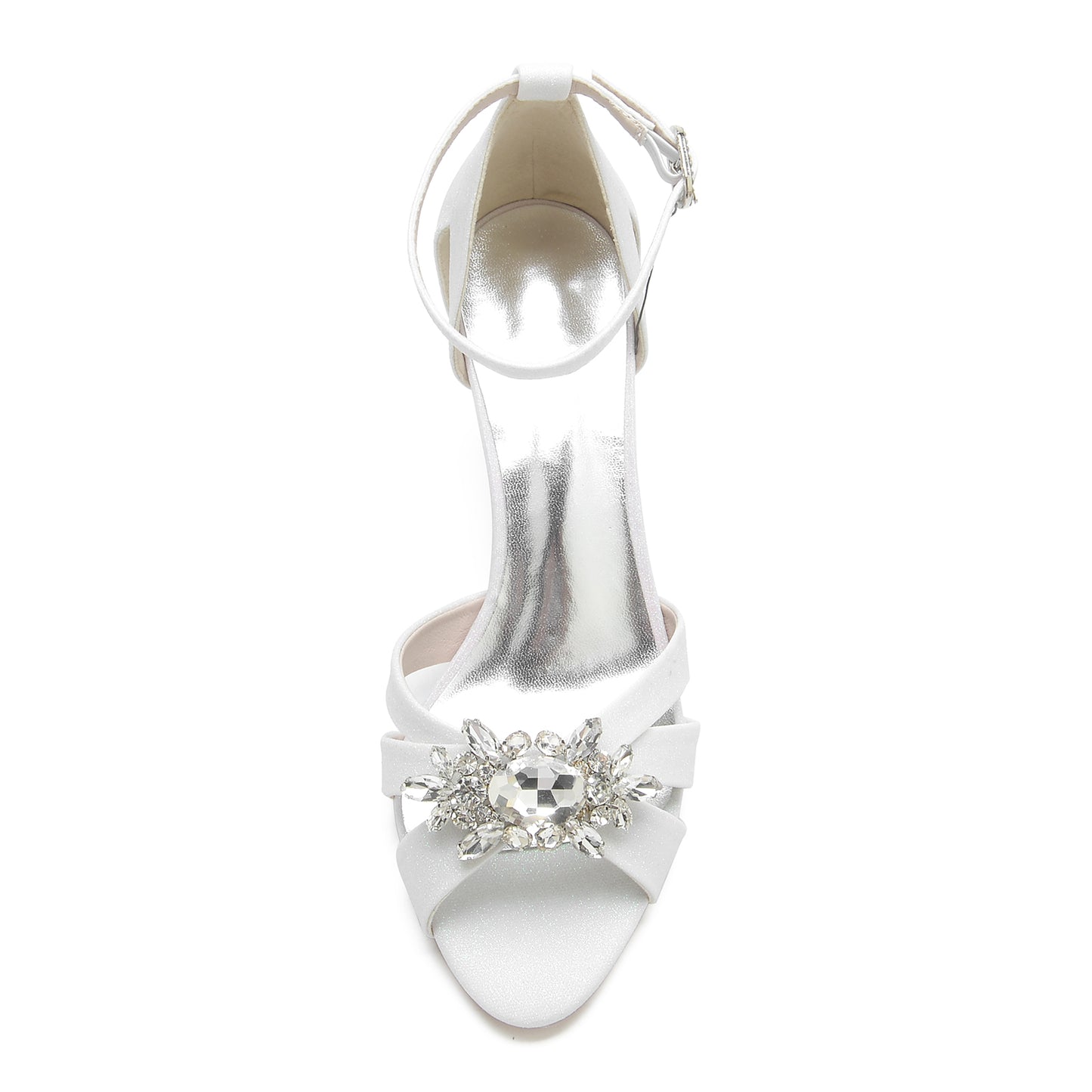 Elegant white low heel glitter dress shoes for women with sparkling jewel detail on the front