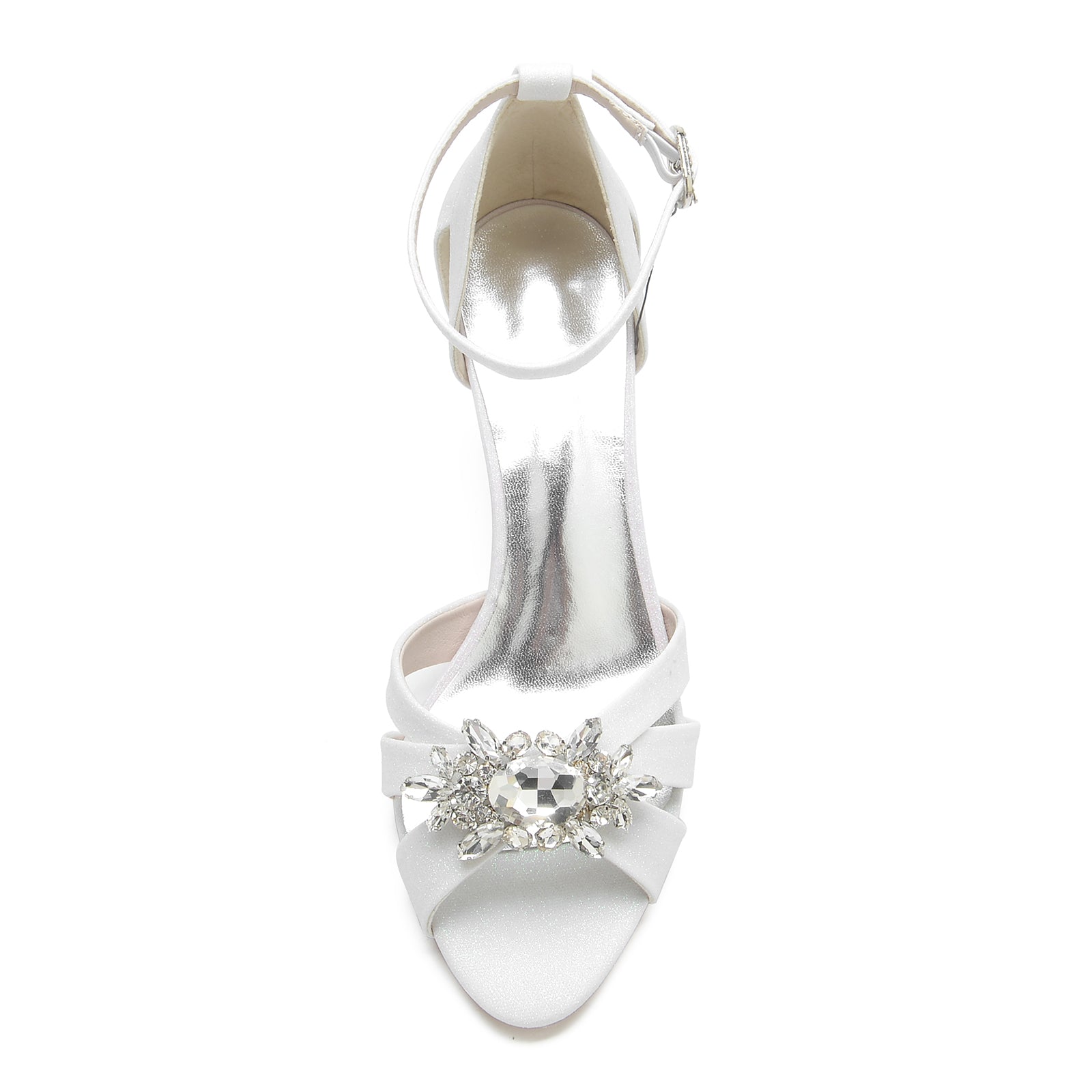 Elegant white low heel glitter dress shoes for women with sparkling jewel detail on the front
