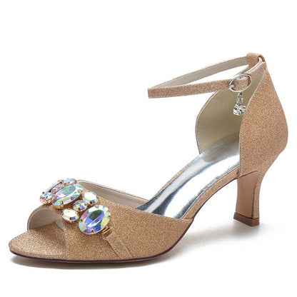 Women's Rhinestone Sandals Glitter Ankle Strap Low Heels Dress Shoes