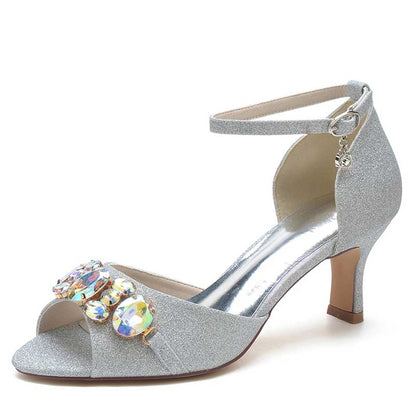 Women's Rhinestone Sandals Glitter Ankle Strap Low Heels Dress Shoes