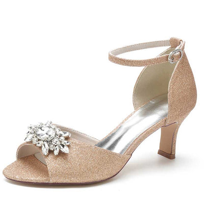 Women's Crystal Sandals Glitter Ankle Strap Low Heels Dress Shoes
