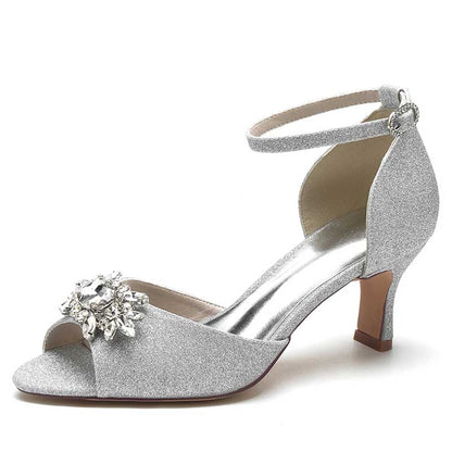 Women's Crystal Sandals Glitter Ankle Strap Low Heels Dress Shoes