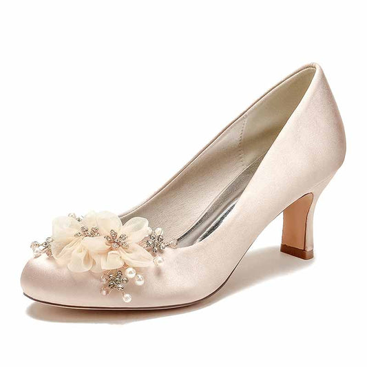 Women's Wedding Shoes Satin Point Toe Wedding Low Heel Bridal Shoes Flower Pearl Rhinestone