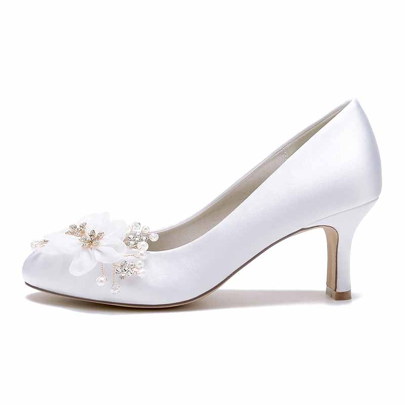 Women's Wedding Shoes Satin Point Toe Wedding Low Heel Bridal Shoes Flower Pearl Rhinestone