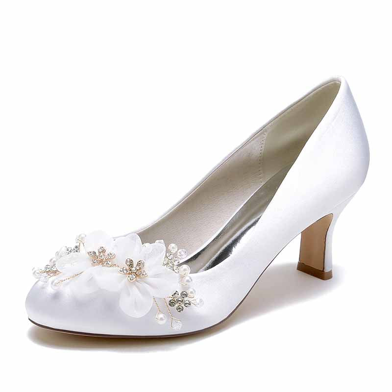 Women's Wedding Shoes Satin Point Toe Wedding Low Heel Bridal Shoes Flower Pearl Rhinestone