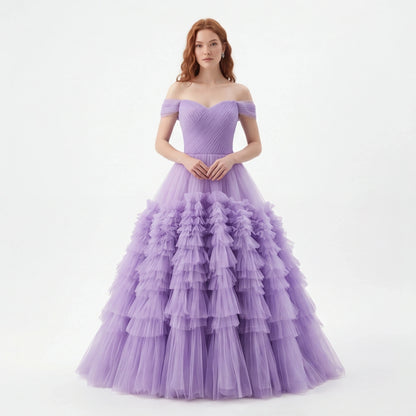 Off Shoulder Tulle Ruffle Prom Dress with Sweetheart Neckline