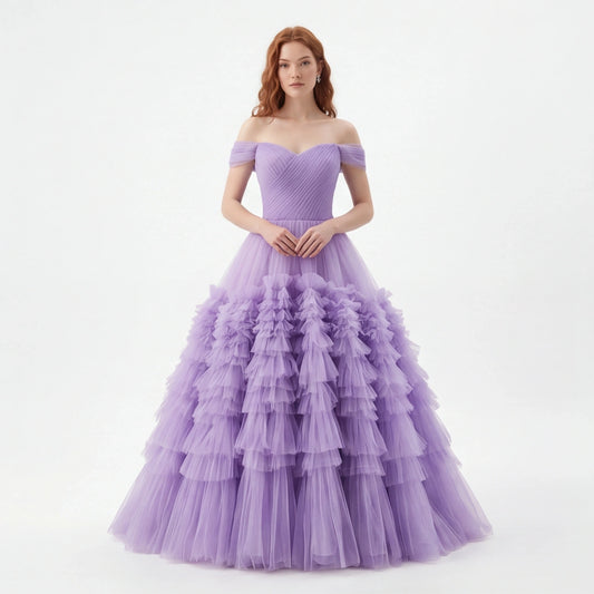 Off Shoulder Tulle Ruffle Prom Dress with Sweetheart Neckline