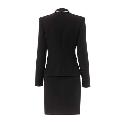 Luxury black skirt suit for weddings featuring a tailored jacket and sleek pencil skirt
