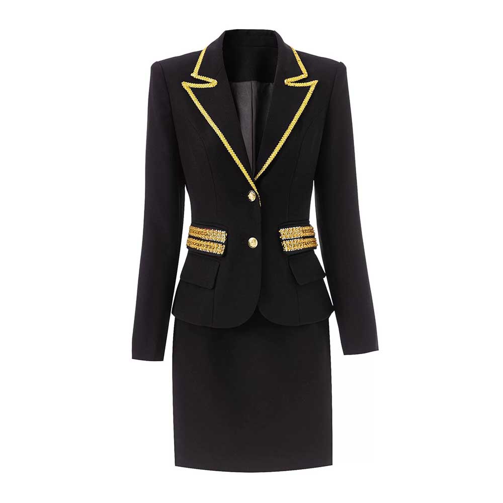 Elegant luxury black skirt suit for weddings featuring gold accents and tailored fit