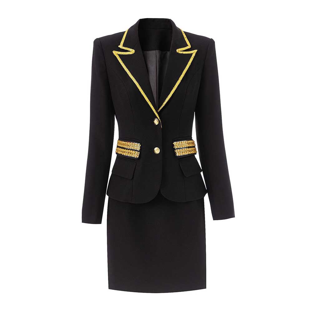 Luxury black skirt suit for weddings featuring a tailored jacket with gold detailing and a sleek pencil skirt