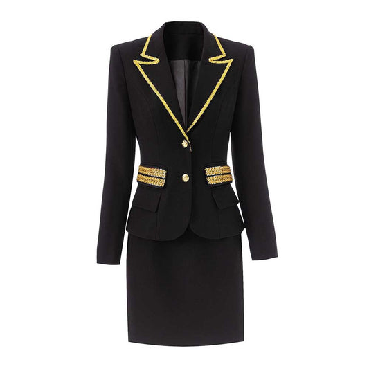 Luxury black skirt suit for weddings featuring a tailored jacket with gold detailing and a sleek pencil skirt
