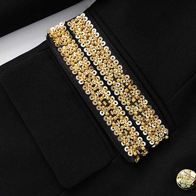 Luxury black skirt suit for weddings featuring elegant gold sequin detailing on the collar