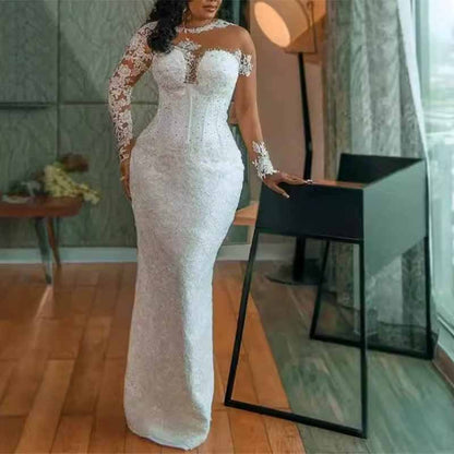 Luxury lace mermaid wedding dress with one shoulder design and elegant detailing for a stunning bridal look