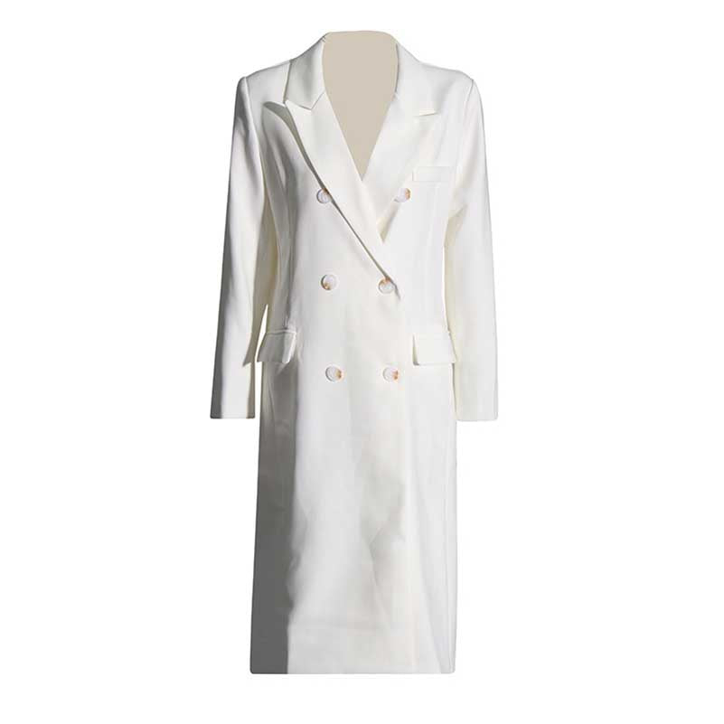 White Double Breasted Maxi Coat V-Neck Blazer