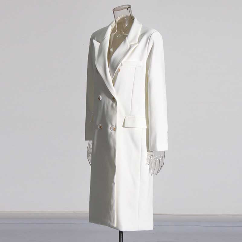 White Double Breasted Maxi Coat V-Neck Blazer