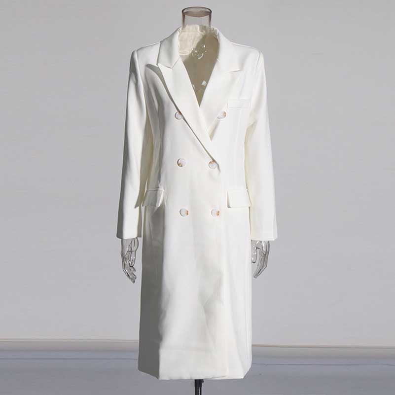 White Double Breasted Maxi Coat V-Neck Blazer