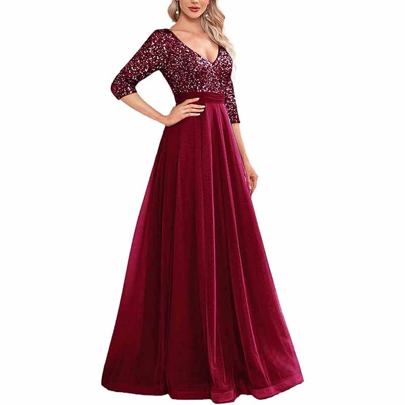 Sequined Bridesmaid Dress with Sleeves Evening Long Prom Dress Tutu Event Gowns