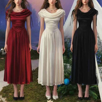 Women’s Vintage Off Shoulder Dress – Sleeveless A-Line Midi Dress with Waist Cinch