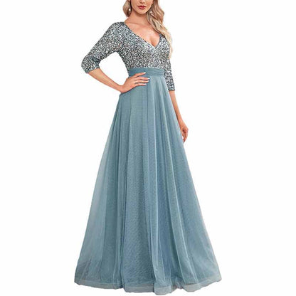 Sequined Bridesmaid Dress with Sleeves Evening Long Prom Dress Tutu Event Gowns