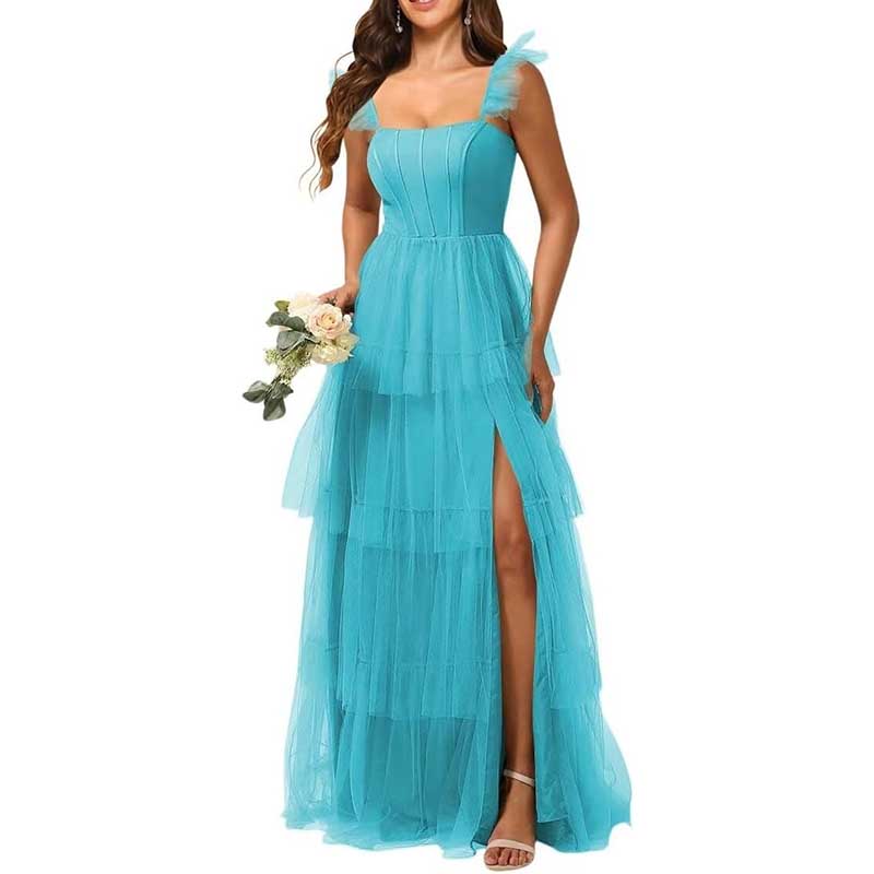 Spaghetti Straps Bridesmaid Dress Tulle Ruffles Ball Gown Home Coming Dress