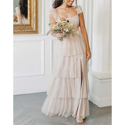 Spaghetti Straps Bridesmaid Dress Tulle Ruffles Ball Gown Home Coming Dress