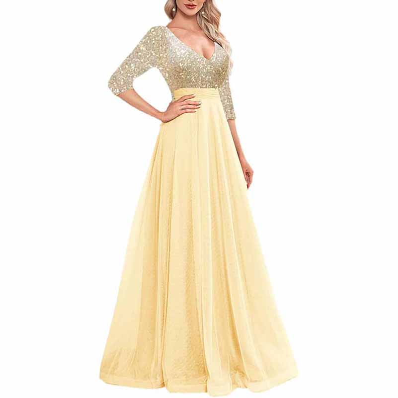 Sequined Bridesmaid Dress with Sleeves Evening Long Prom Dress Tutu Event Gowns