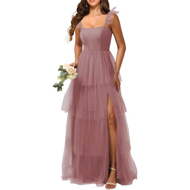 Spaghetti Straps Bridesmaid Dress Tulle Ruffles Ball Gown Home Coming Dress