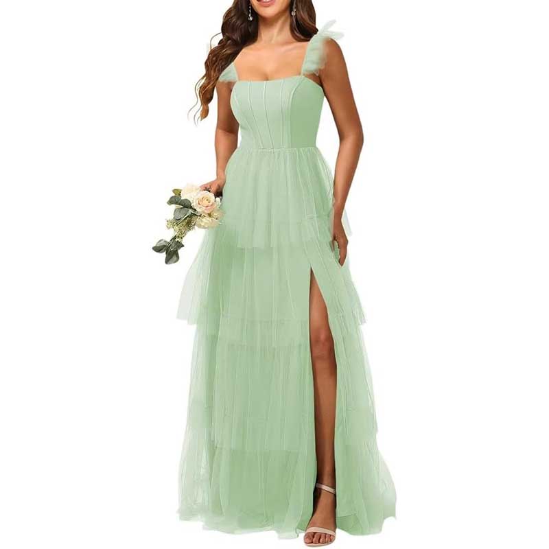 Spaghetti Straps Bridesmaid Dress Tulle Ruffles Ball Gown Home Coming Dress