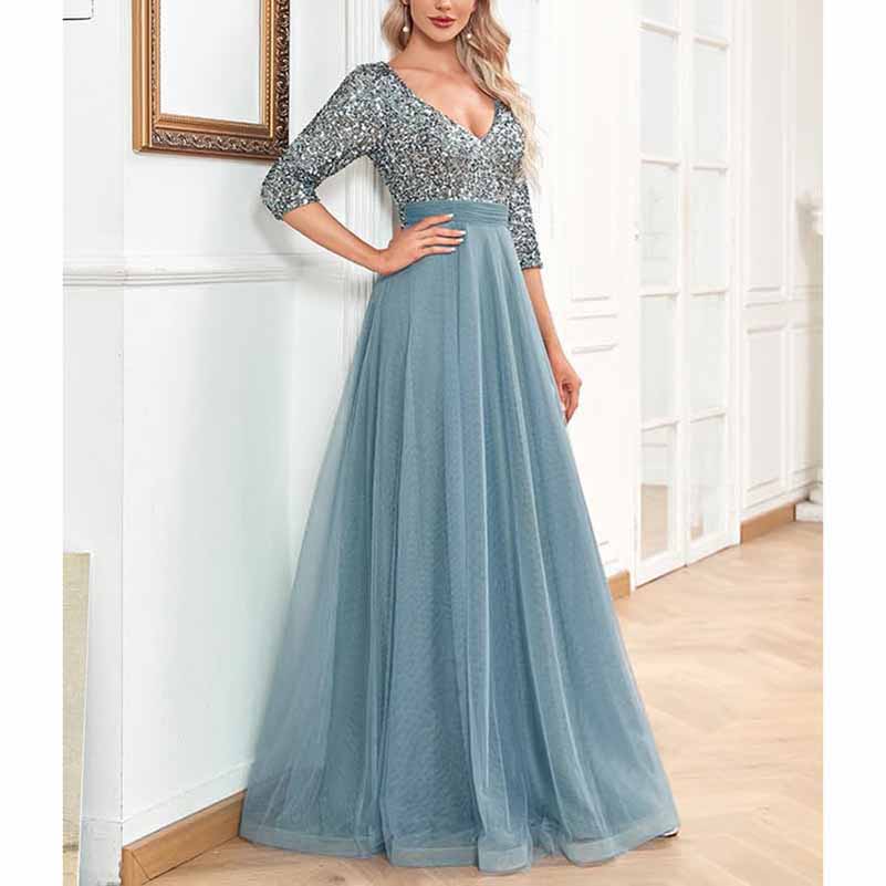 Sequined Bridesmaid Dress with Sleeves Evening Long Prom Dress Tutu Event Gowns