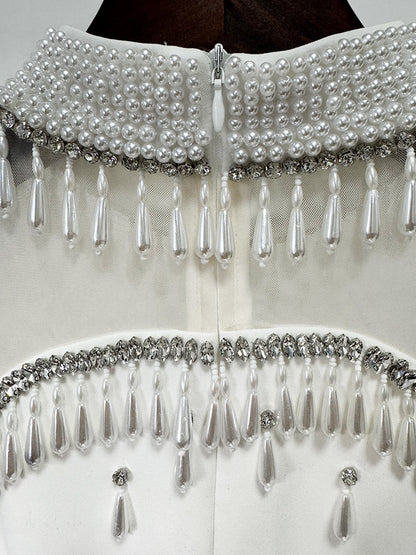 Long Maxi Dresses High Collar Beads Embroidered Prom Gown With Sleeves