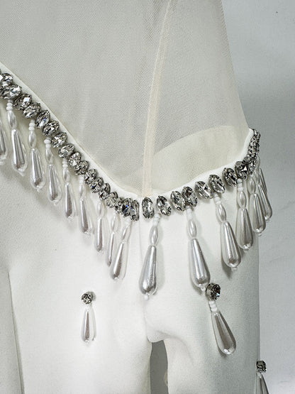 Long Maxi Dresses High Collar Beads Embroidered Prom Gown With Sleeves